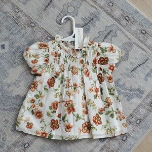 NWT Janie and Jack Toddler Girls Floral Smocked Bubble Sleeve Top Jet Ivory Sz2T